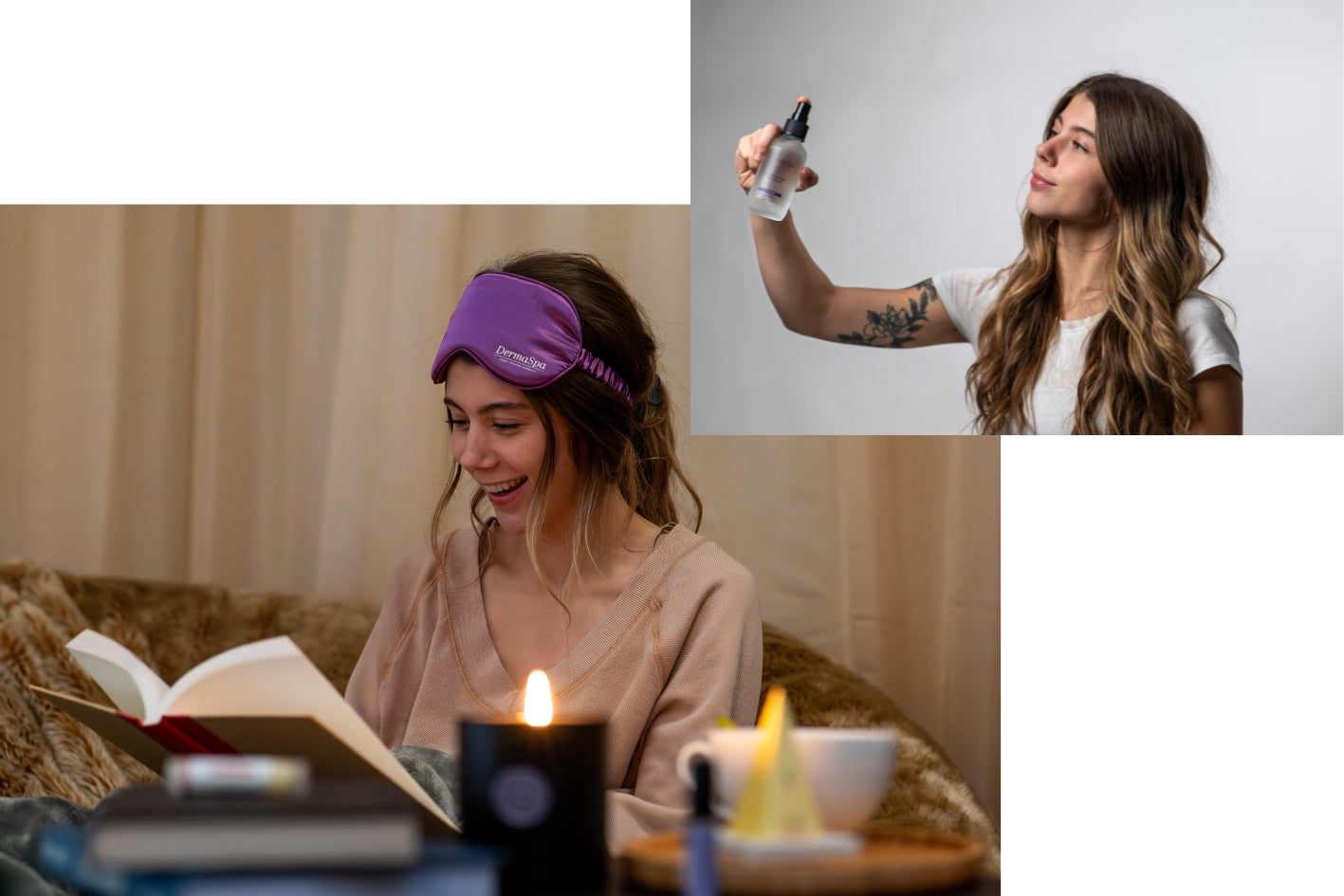 Cozy woman with DermaSpa eye mask reading a book