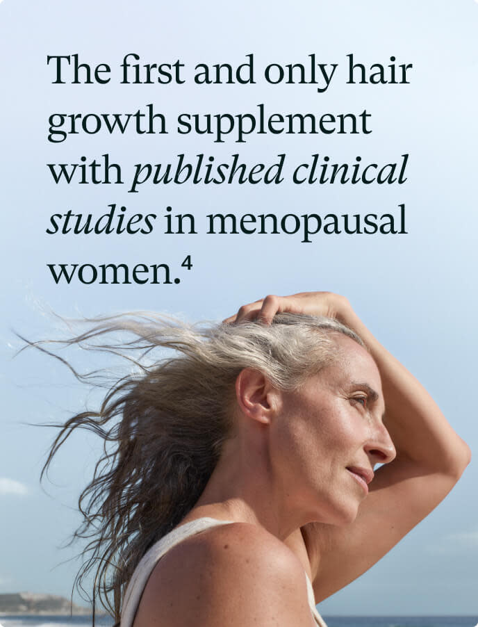 A menopausal woman with healthy, wind-swept hair, highlighting Nutrafol as the only hair growth supplement with published clinical studies for menopause.