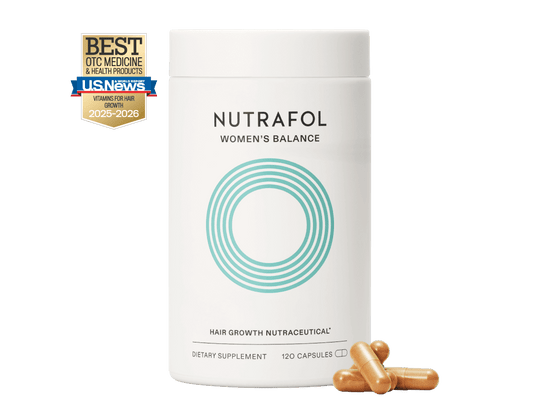 Nutrafol Women's Balance bottle featuring the U.S. News 2025-2026 Best OTC Medicine badge for Vitamins for Hair Growth.