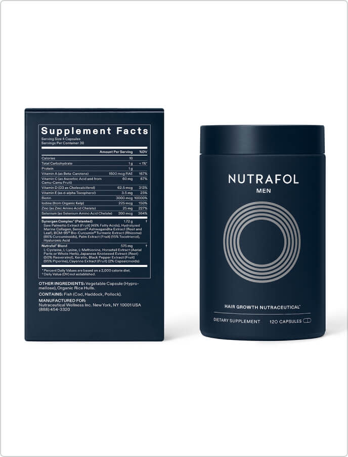 Nutrafol Men Hair Growth Nutraceutical bottle and Supplement Facts label detailing the Synergen Complex for targeting root causes of male hair thinning.