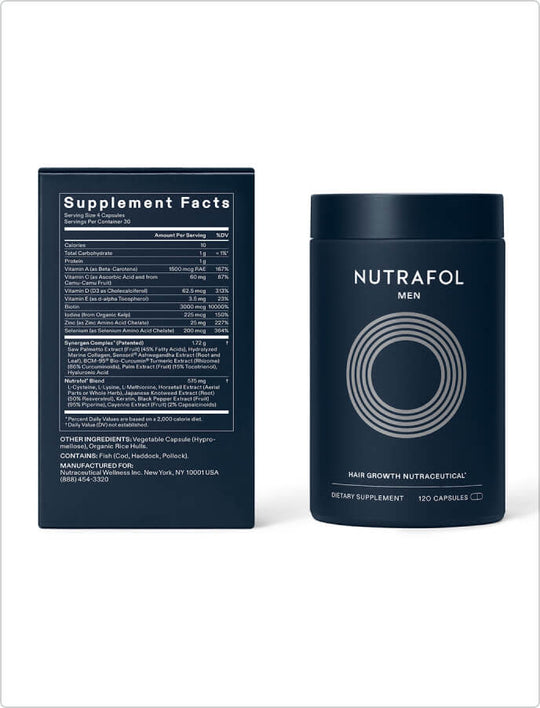 Nutrafol Men Hair Growth Nutraceutical bottle and Supplement Facts label detailing the Synergen Complex for targeting root causes of male hair thinning.