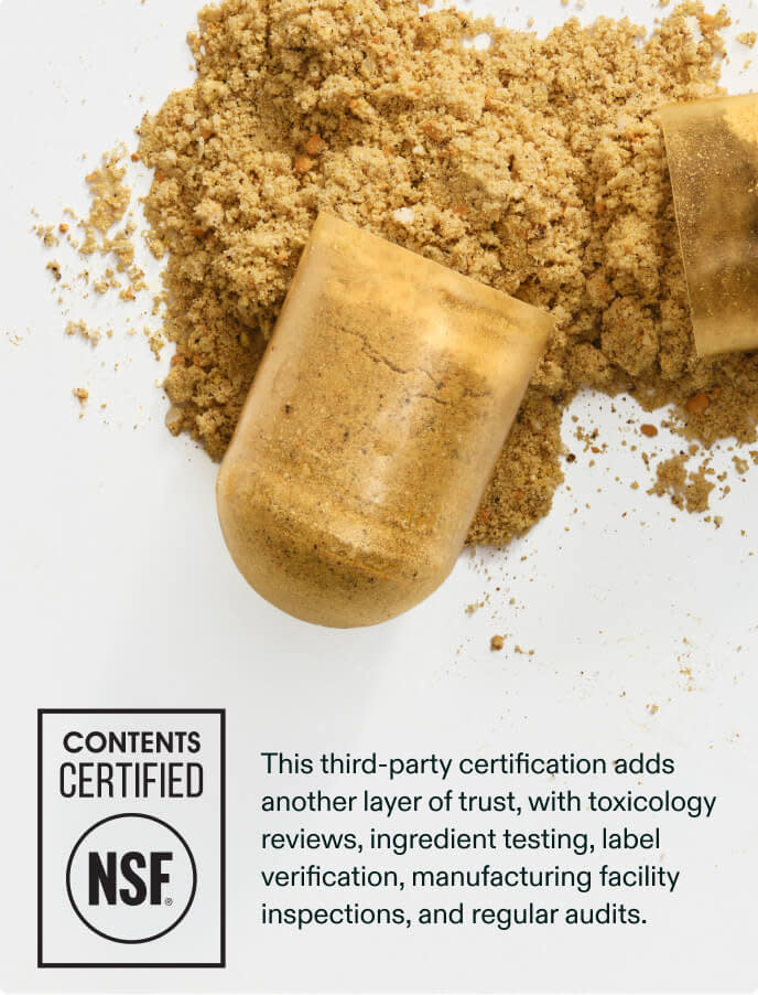 Nutrafol Men hair growth capsule split open to show herbal powder contents with NSF Contents Certified seal for third-party quality assurance.