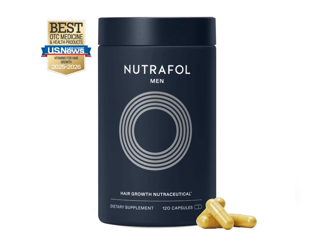 Nutrafol Men bottle featuring the U.S. News 2025-2026 Best OTC Medicine badge for top-rated Vitamins for Hair Growth.