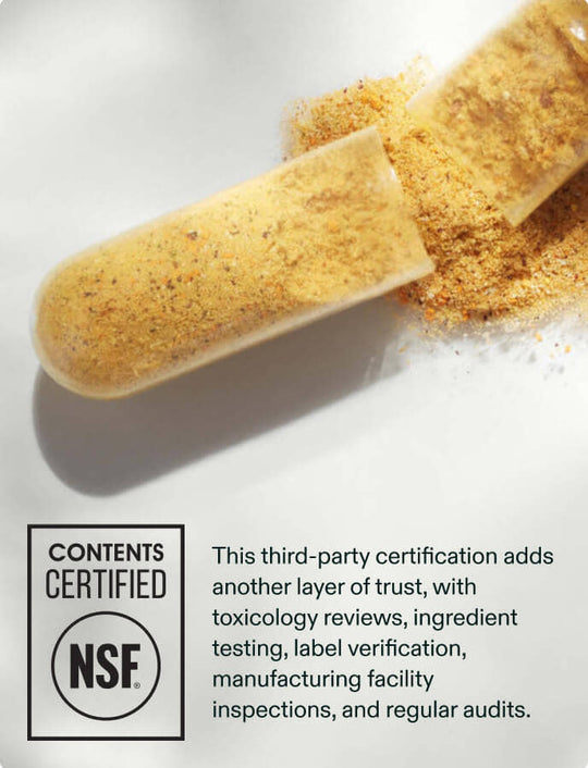 Nutrafol Women capsule showing herbal powder contents with NSF Contents Certified seal for third-party supplement testing and safety.