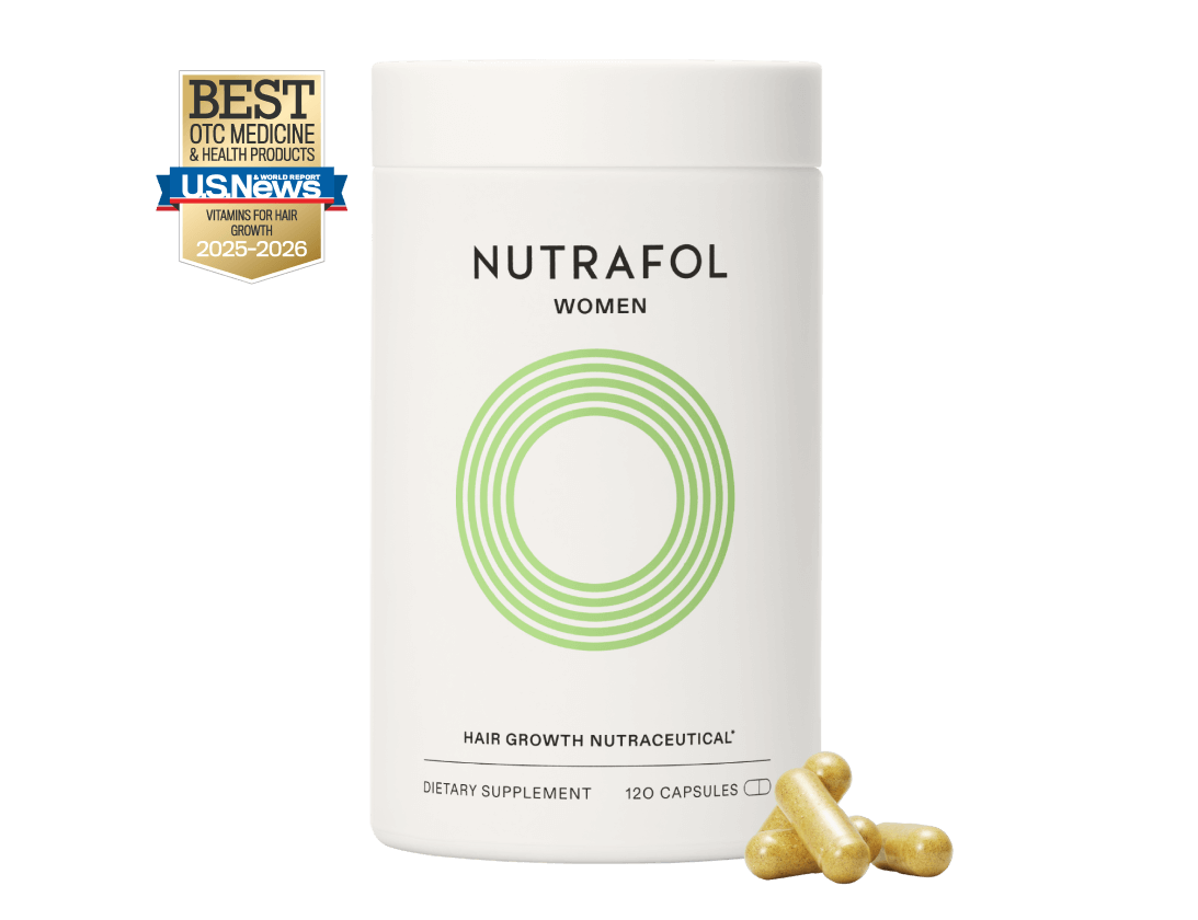 Nutrafol Women bottle with U.S. News 2025-2026 Best OTC Medicine badge for Vitamins for Hair Growth.
